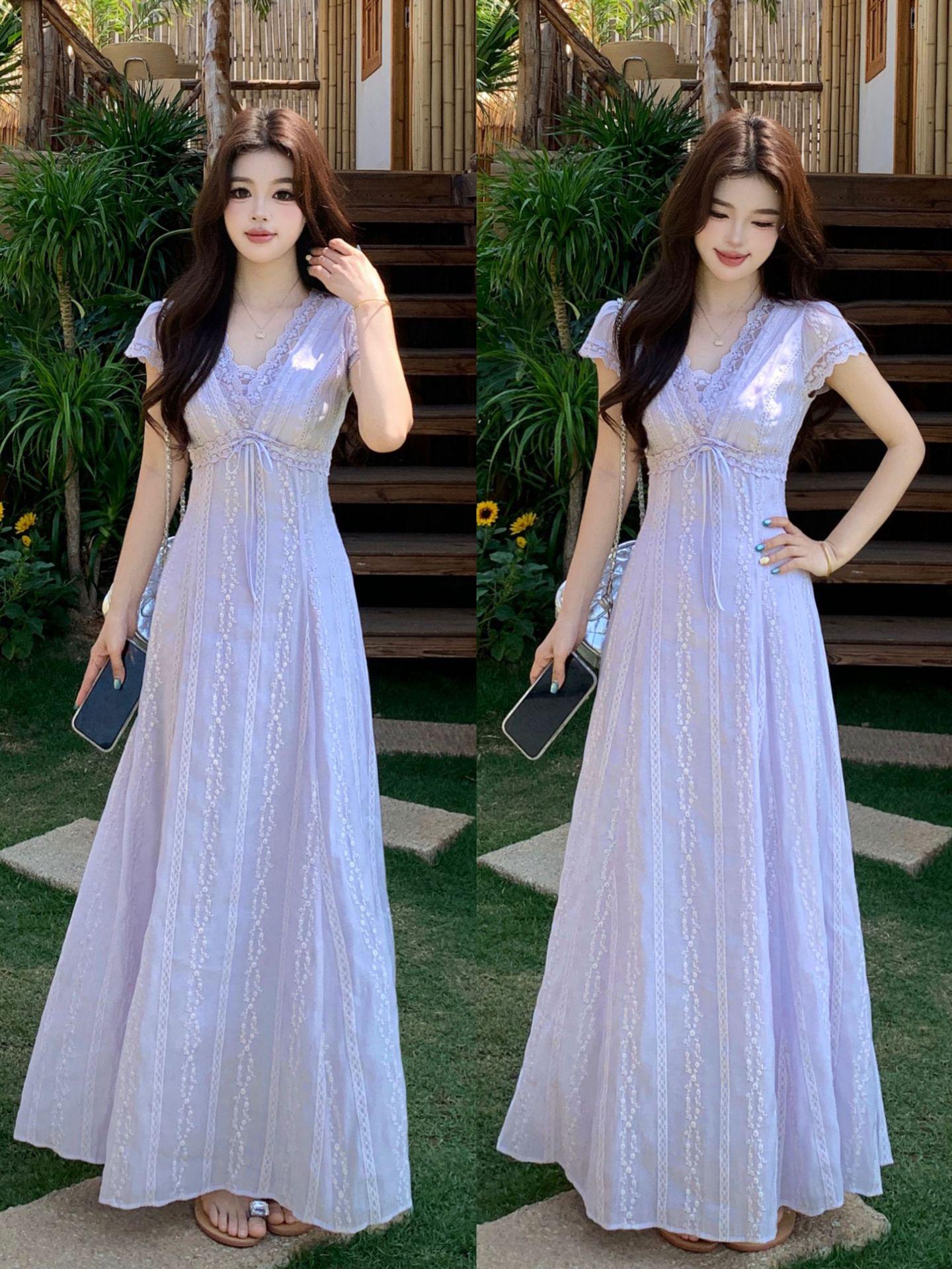2026 Plus Size Purple V-neck Waist-cinching French Summer Short-sleeve Dress XL