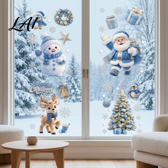 Winter Wonderland Wall Decals 4Pcs Christmas Static Window Clings Blue Santa Snowman Reindeer Penguin Clings Stickers Reusable Double Sided