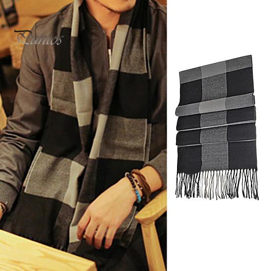 Men Scarf Winter Windproof Breathable Soft Contrast Color Tassel Keep Warm Patchwork English Stylish Washable Muffler for Outdoor
