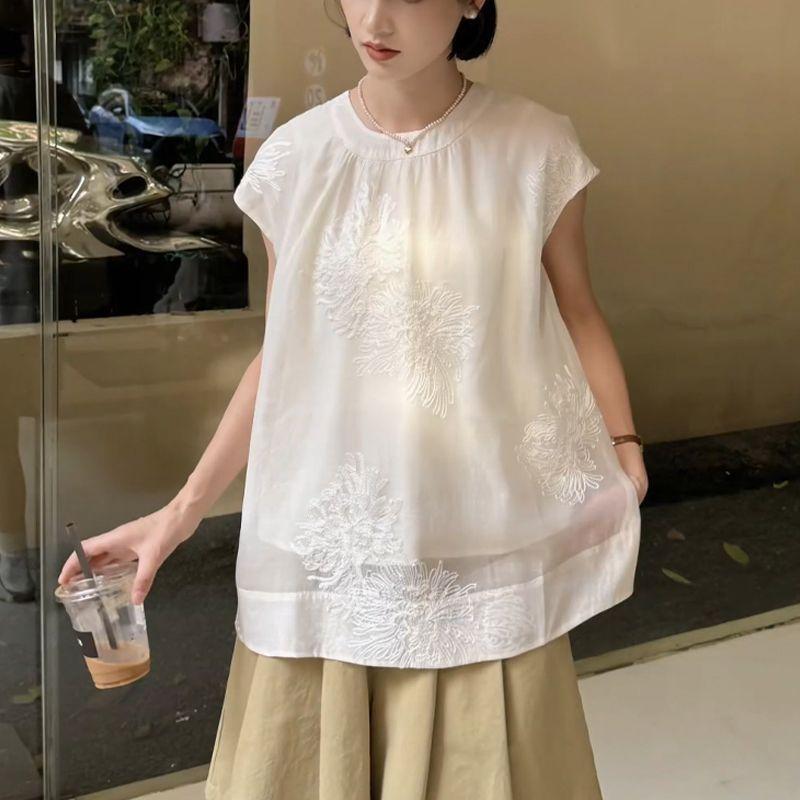 

Элегантная повседневная вышитая рубашка для通勤, женская, лето 2025, с круглым вырезом, прикрывающая недостатки фигуры, большого размера, топ без рукавов M [Recommended below 50kg] белый