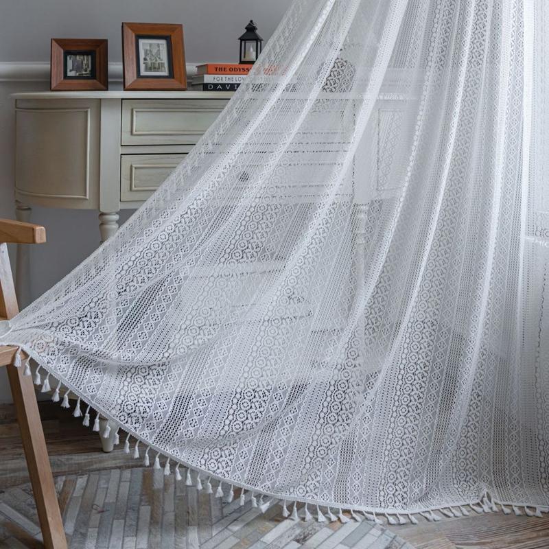 Jacquard Hollowed Out White Curtain American Rural Translucent Pastorale Living Room Balcony Bedroom Bay Window Artistic Curtain