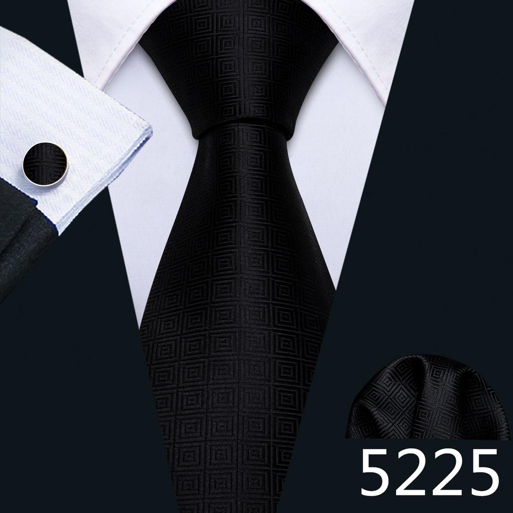 Barry.Wang Necktie Hankerchief Cufflinks Set Black Green Striped Jacquard Woven Wedding