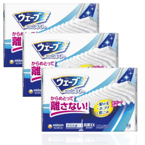 Unicharm Wave Dry Sheets for Floors, 18 Sheets (Pack of 3)