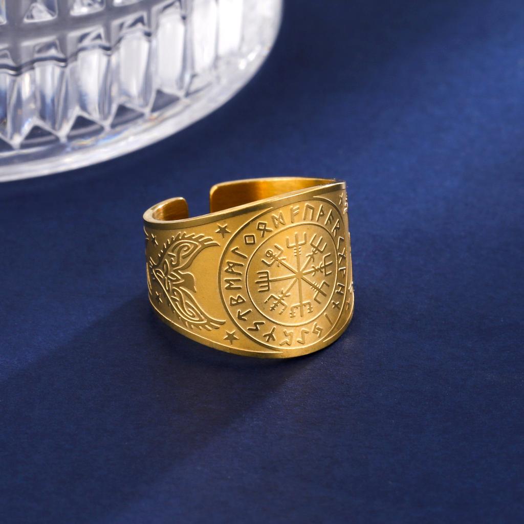 LIKGREAT Viking Compass Vegvisir Ring Helm of Awe Nordic Rune Scandinavian Amulet Stainless Steel Jewelry New Year Gift
