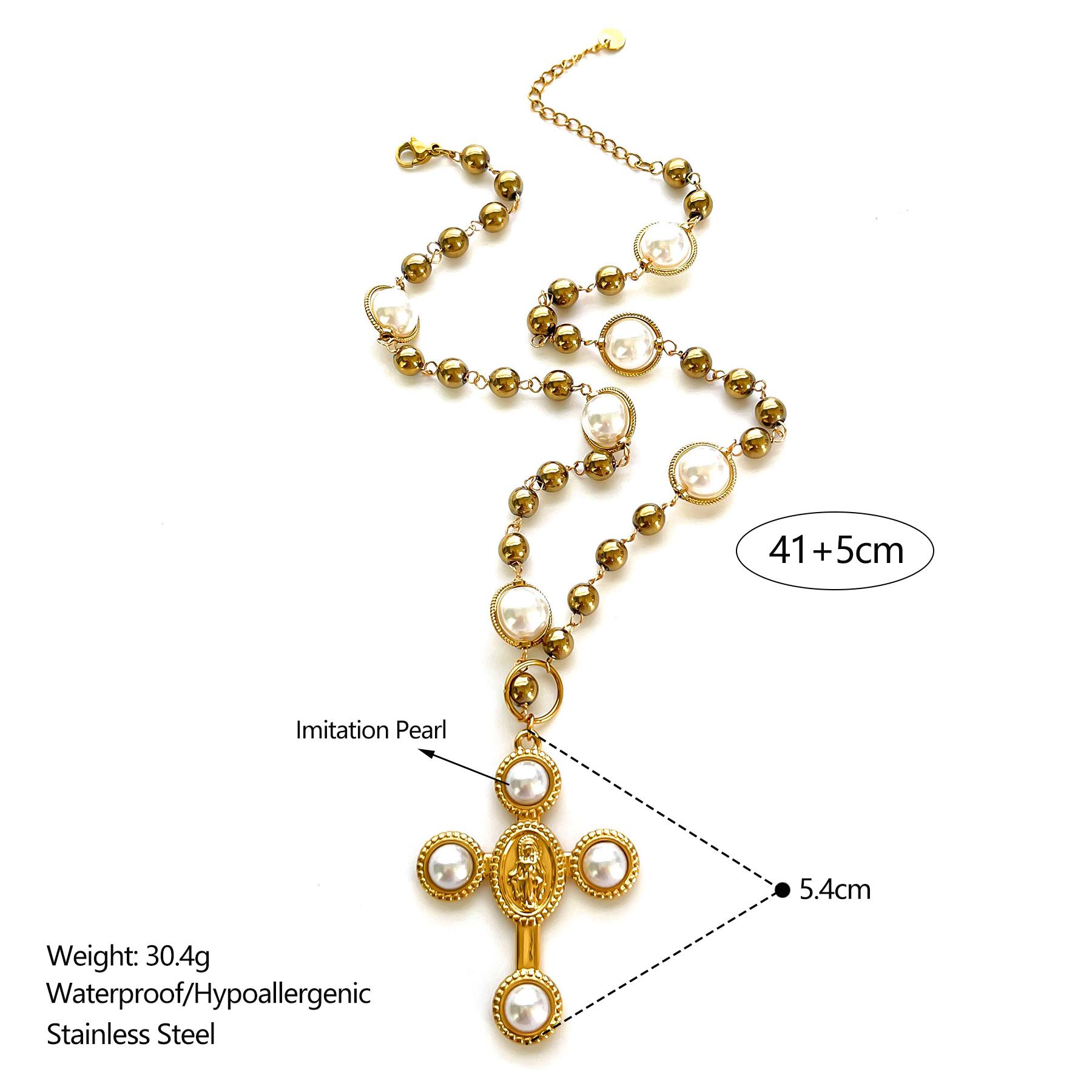 

GHIDBK Модное элегантное ожерелье с подвеской в виде креста Девы Марии из искусственного жемчуга для женщин, цепочка из нержавеющей стали с бусинами, свадебный циркон золотой