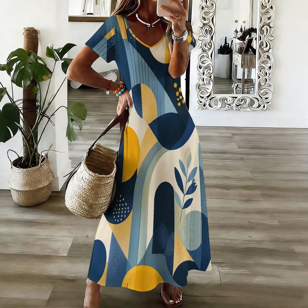 Women Plus Size V Neck Short Sleeve Printed Straight Long Dress Green Khaki