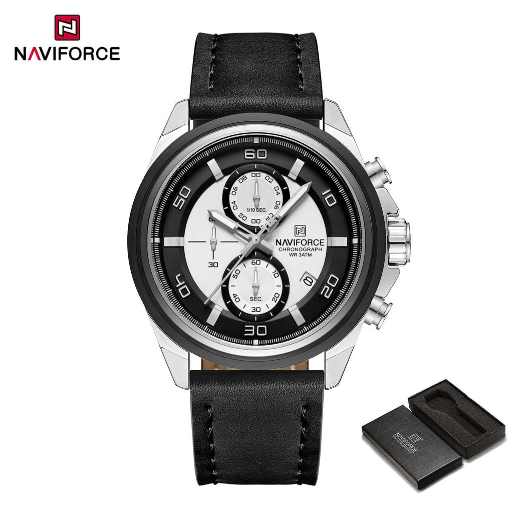 NAVIFORCE Men's Leather Watch Stopwatch Chronograph Calendar Luminous Hand Waterproof 3ATM Casual Business Fashion Watch NF8075