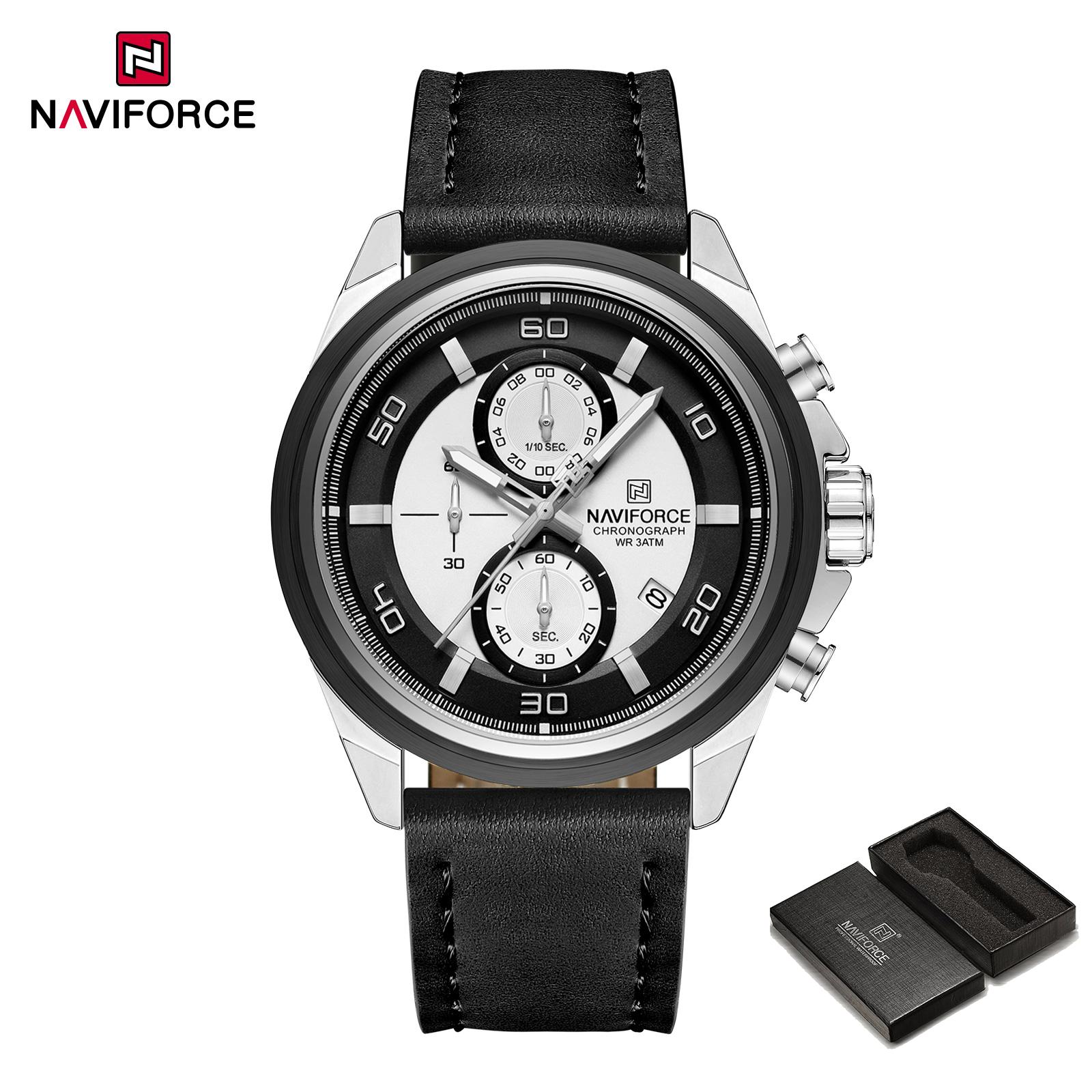 

NAVIFORCE Men s Leather Watch Stopwatch Chronograph Calendar Luminous Hand Waterproof 3ATM Casual Business Fashion Watch NF8075 чёрный/белый