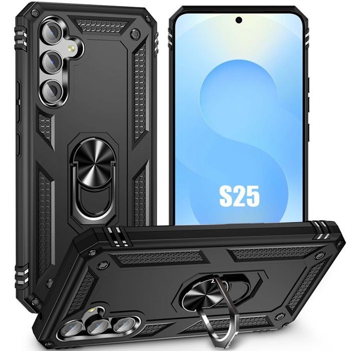 Coque de protection - BOOLING - Samsung Galaxy S25 - Antichoc - Anneau rotatif - Noir