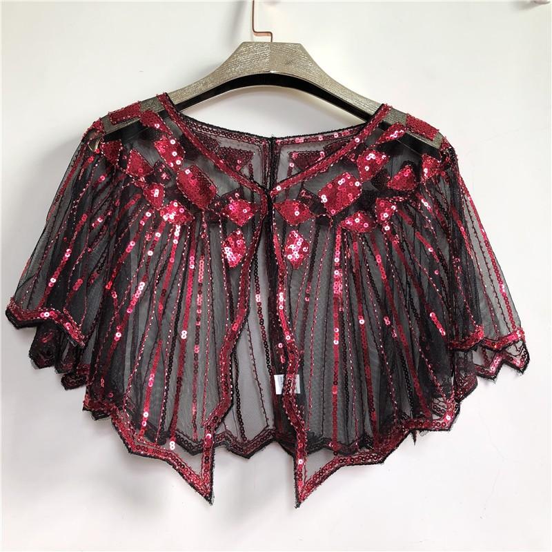 

Evening Dress Sequined Cape With Lace Corsage And Hollow Fake Collar One Size червоний