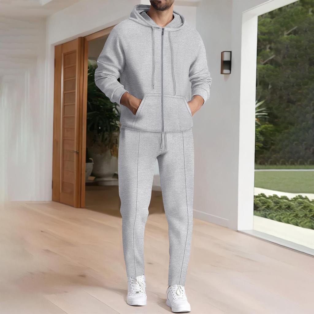 2024 Winter Waffle Pocket Zipper Hooded Jacket & Long Pants Set