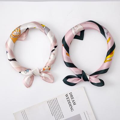 FrühlingSommer Luxus Weiches Satin Halstuch 70*70cm Niedlicher Katzenaufdruck Quadratisches Tuch Damen Atmungsaktive Imitation Seide Bandanas