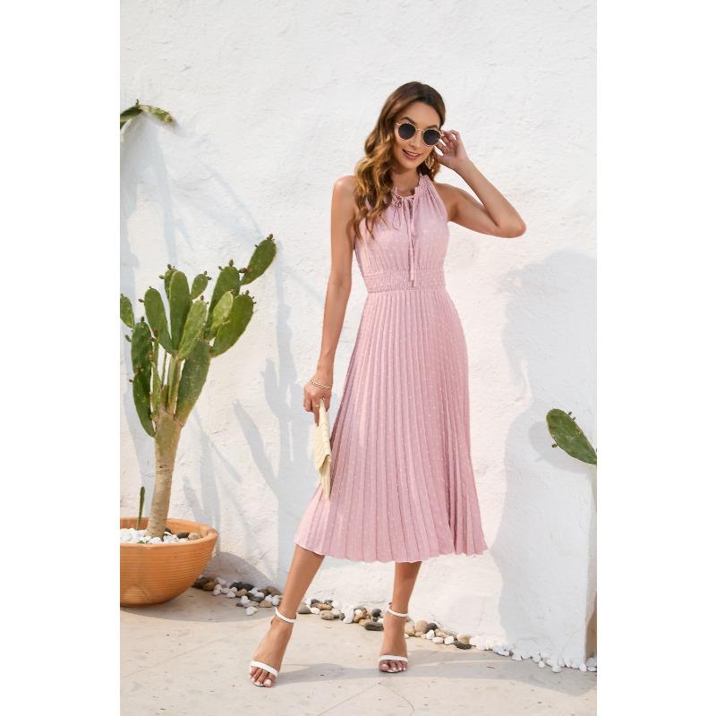 Šaty s vysokým pasem, plisované pod tlakem, bez rukávů, letní, ležérní, na dovolenou, cestovní