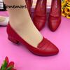 Comemore Summer Women Pumps Elegant Woman Shoes with Low Heels Pointed Toe Women Shoe Slip on Casual Soft Comfort Pu Leather Red