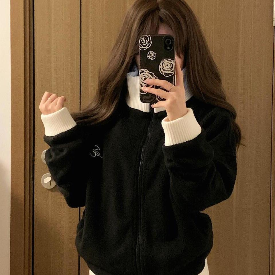 Women s Winter College Style Lambswool Patchwork Cardigan with Stand Collar M