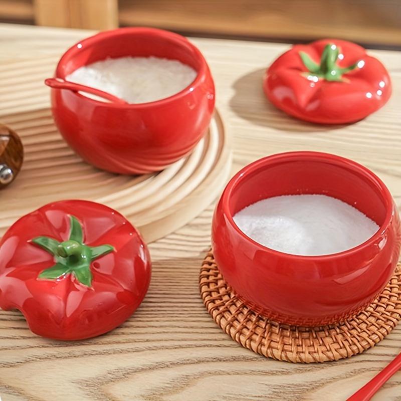 Bowl Sugar Tomato Ceramic Spice Jar Storage Jar With Spoon Kitchen Dining Table Seasoning Container Christmas Home Decorative