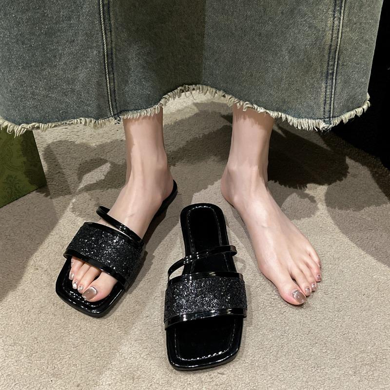 

Fashion Slippers for Women s Summer Outer Wear New Style Fashion Sequined Gold Square Toe Flats Slippers Elegant Sandals Zapatos Mujer 35
