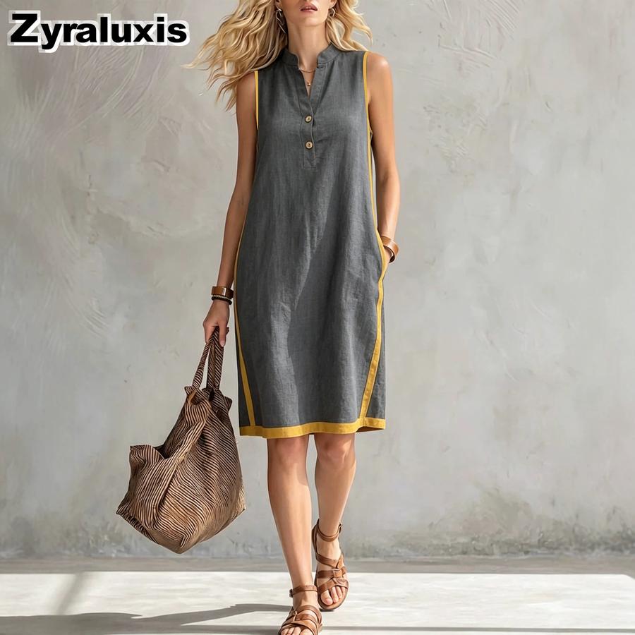 New Women s V-Neck Sleeveless Casual Loose Linen Dress S темно-серого
