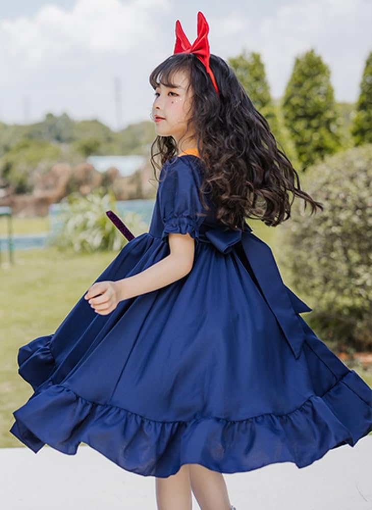 Madrugada Witch Kiki Cosplay Halloween Set with Tattoo and Wizard Dress with Adjustable Sleeve Kids Costume for S804 Costume, Stickers, Bag, Headband,