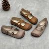 Genuine Leather Women's Shoes Retro Cross Belt Buckle Square Toe Cowhide Soft Soled Flat Shoes