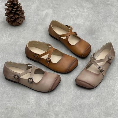 Genuine Leather Women's Shoes Retro Cross Belt Buckle Square Toe Cowhide Soft Soled Flat Shoes
