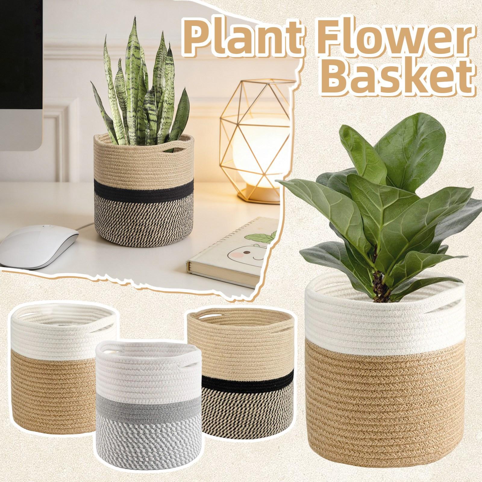 Woven Flower Baskets, Handmade Woven Baskets, Green Plant Floor Pots, Straw Woven Flower Pots nero