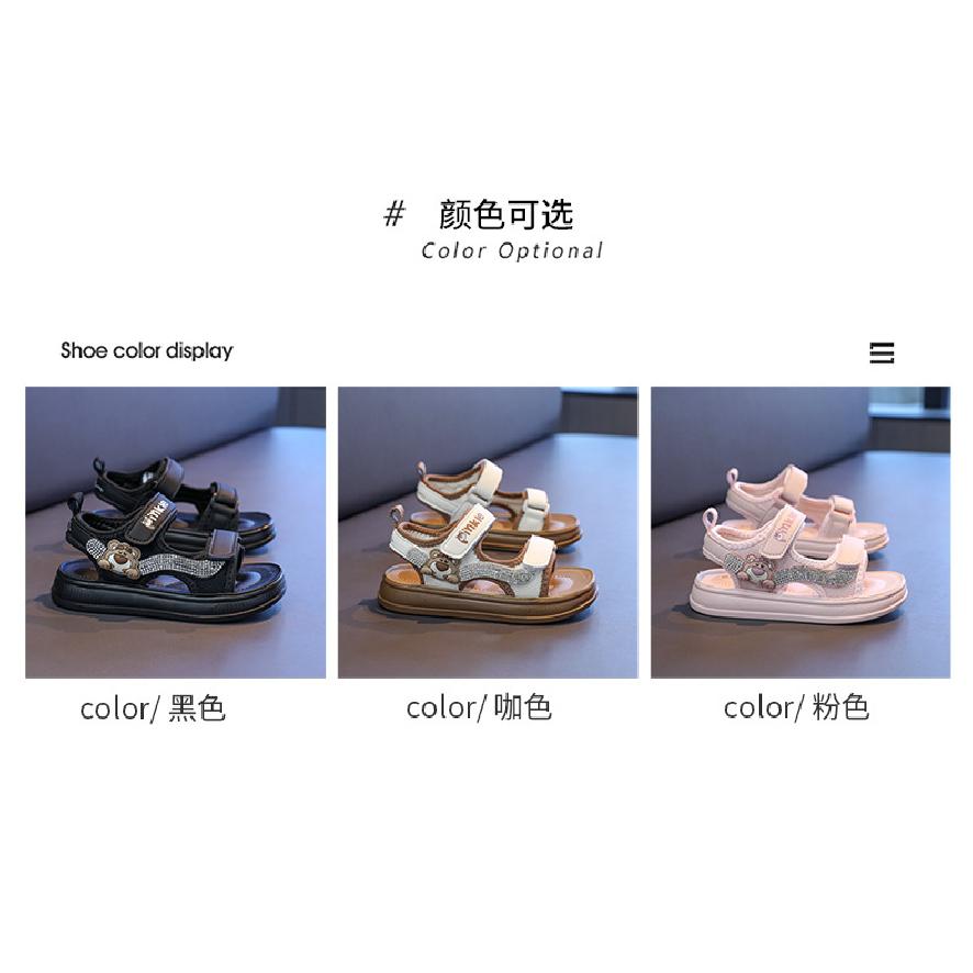 Children's open-toe beach shoes2026New Spring and Summer Rhinestone Girls' Sandals Cute Bear Velcro Children's Shoes