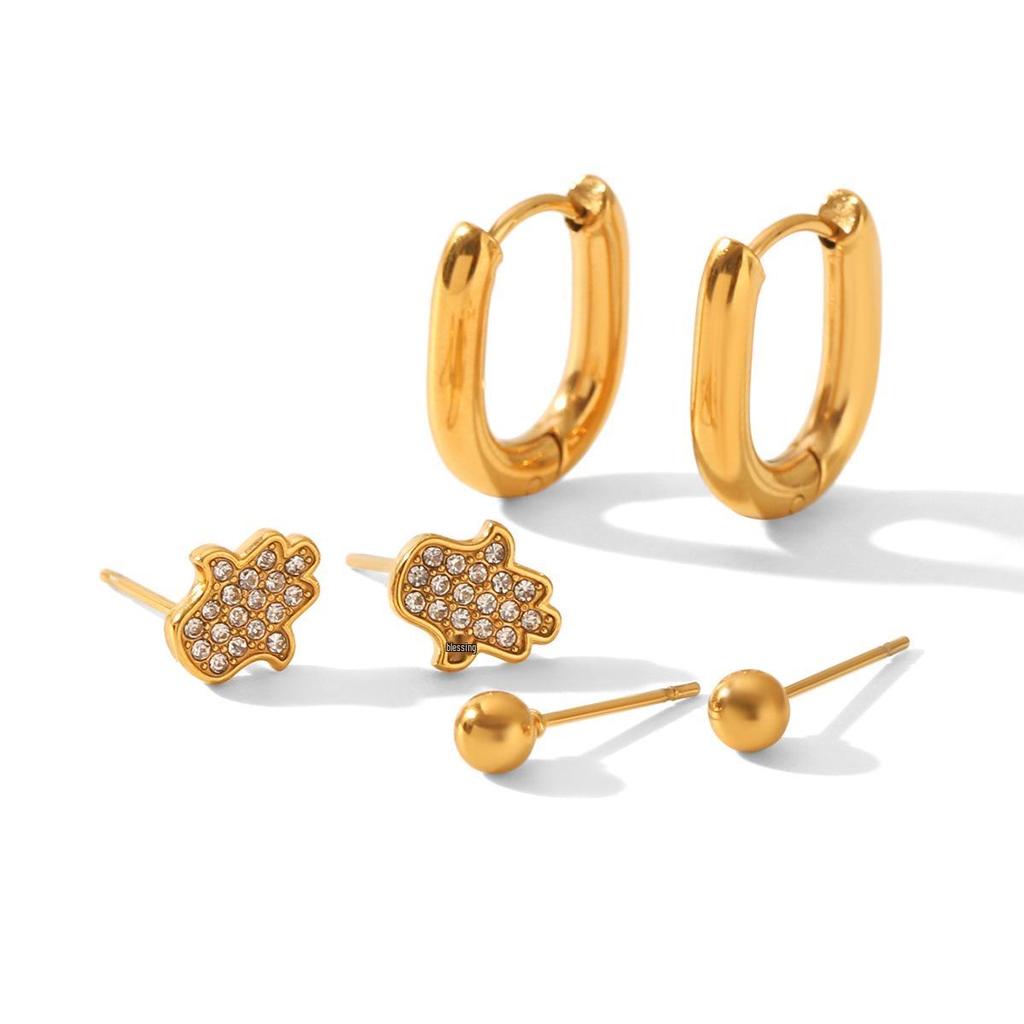 High-End Titanium Steel Round Earrings: European & American Versatile 3-Pair Set