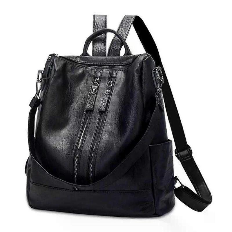 Women's Leather School Backpack, Multifunctional Large Capacity School Bag, Men's Travel Bag, Black