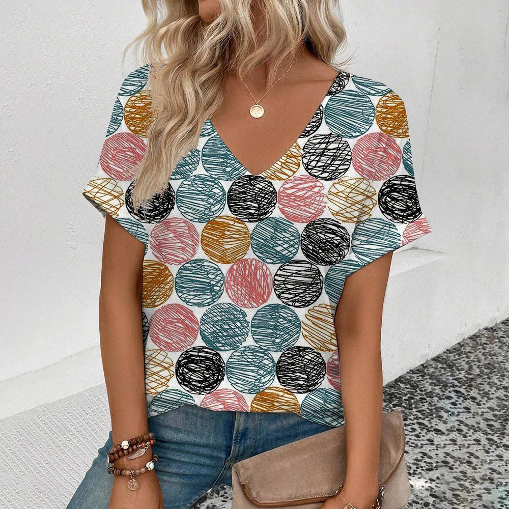 Summer Circular Wave 3D Print Women Streetwear Casual T Shirts Tops Woman Harajuku V-Neck Tees Oversized Clothing