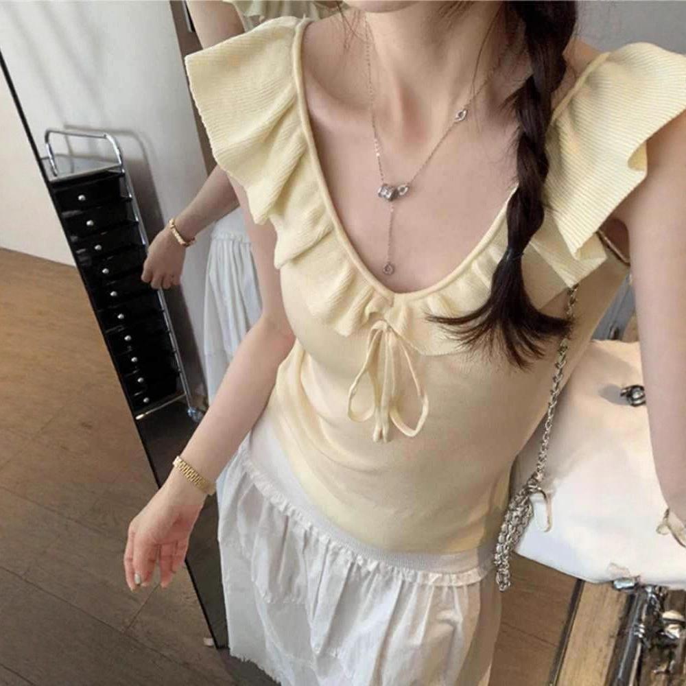 Korean Chic Chic Ruffle Edge Lace-up Sleeveless Design Top Summer Fresh Age Reduction Beautiful Vest Small Top
