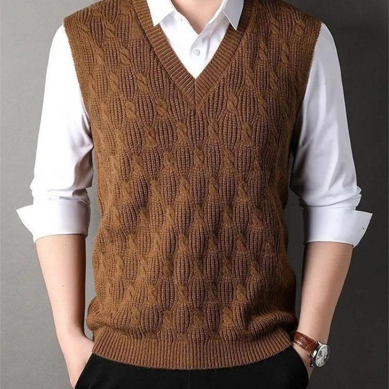Men's Cream Cable Knit V-neck Vest Sleeveless Casual Layered Sweater Gilet