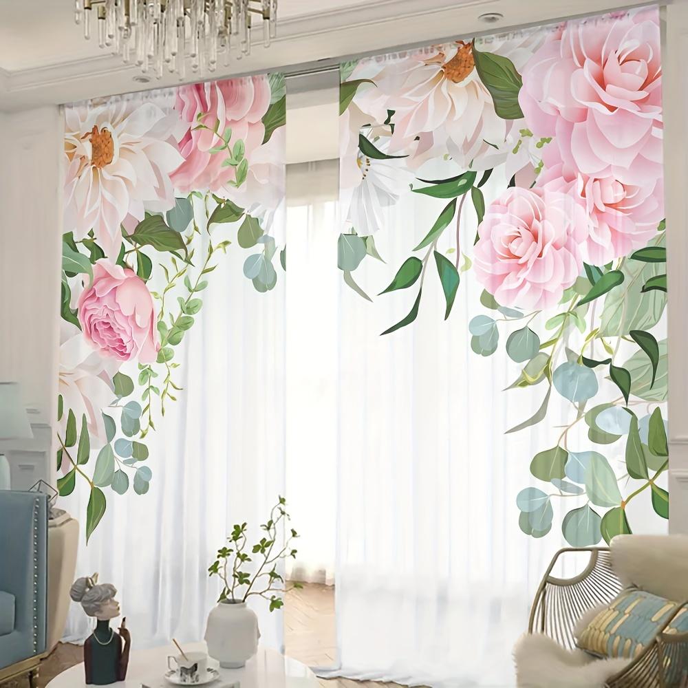 2 Stück Blumendruck Halbtransparenter Vorhang Lichtfilternde Vorhänge für Wohnzimmer Schlafzimmer Küche Café Heimdekoration cortinas