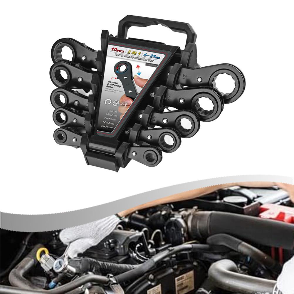 5pcs Double Box End Ratcheting Wrench Set Reversible 12-Point Socket Spanner 6-21mm Auto Repair Tools Hand Tools