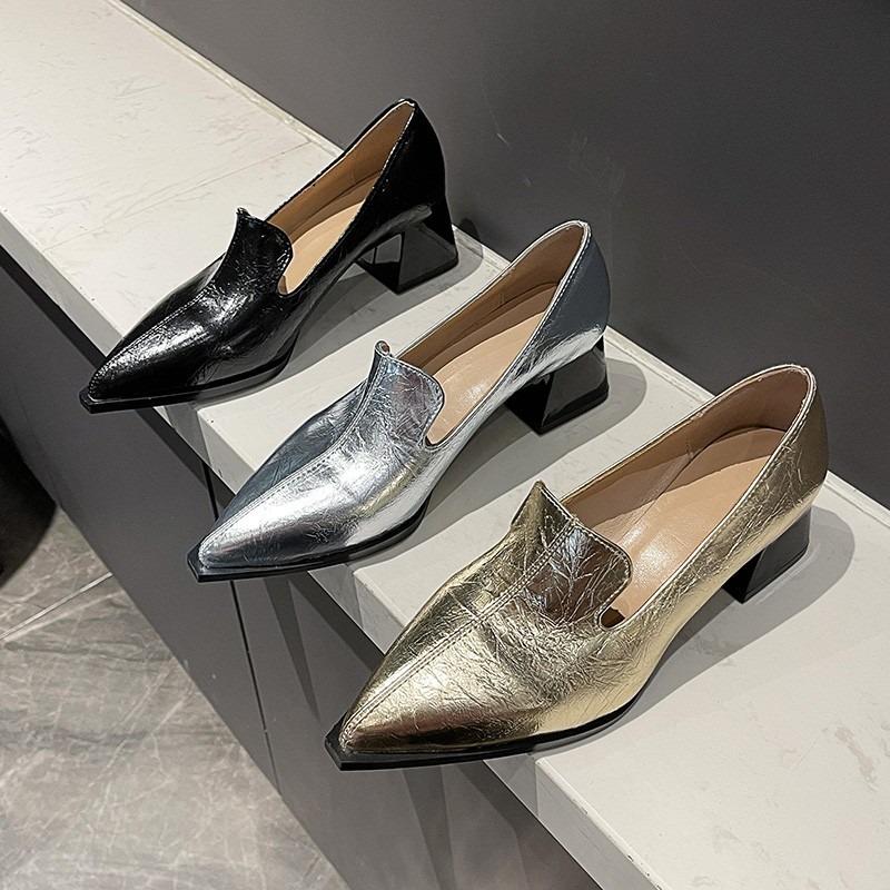Pelle pu screpolata tacchi alti donna punta appuntita scollatura bassa scarpe singole moda primaverile nuove tacco spesso scarpe piccole in pelle