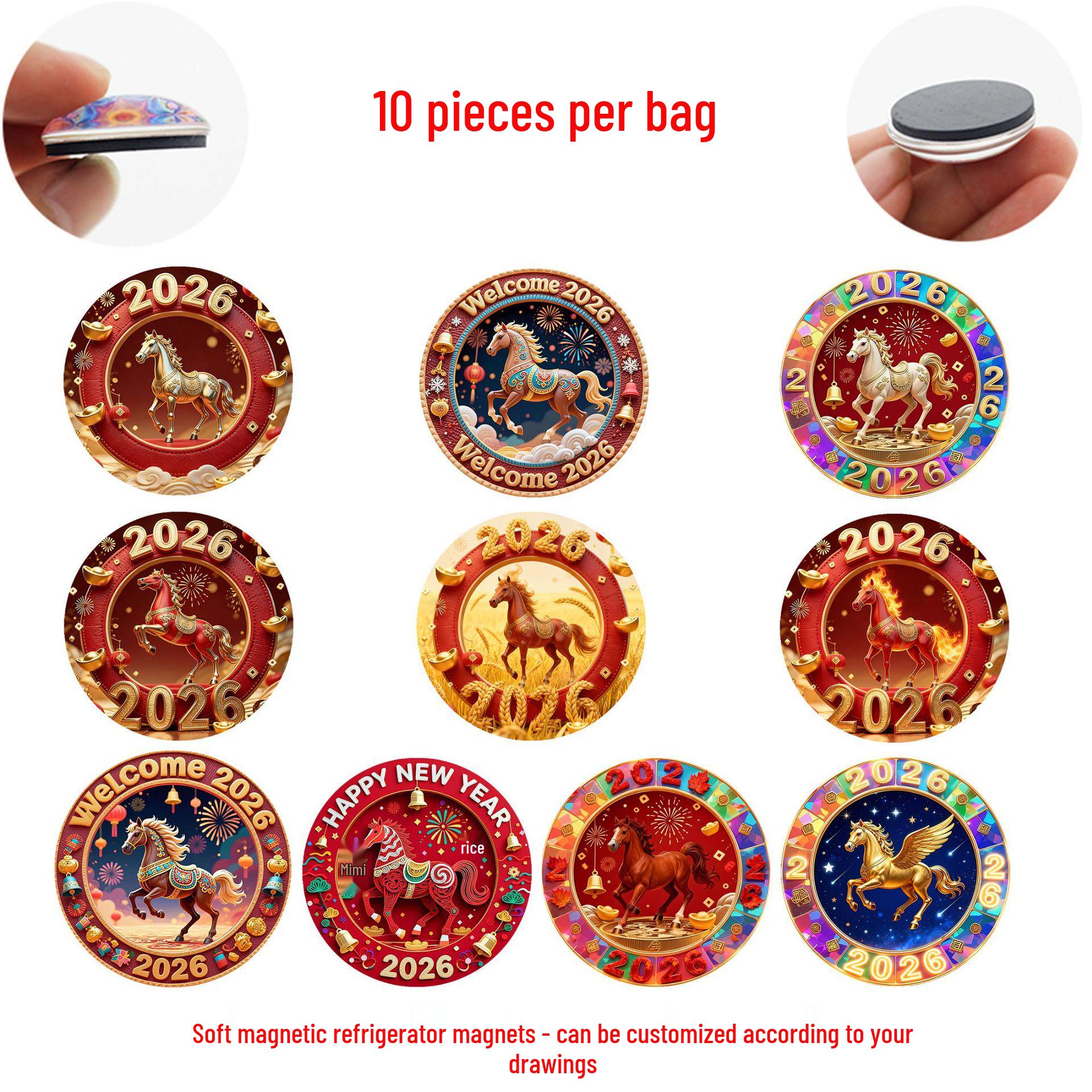 

2026 Год Лошади Красная и Золотая Праздничная Наклейка-Магнит на Холодильник 25 mm Refrigerator Magnets Set of 10 (WYT342)