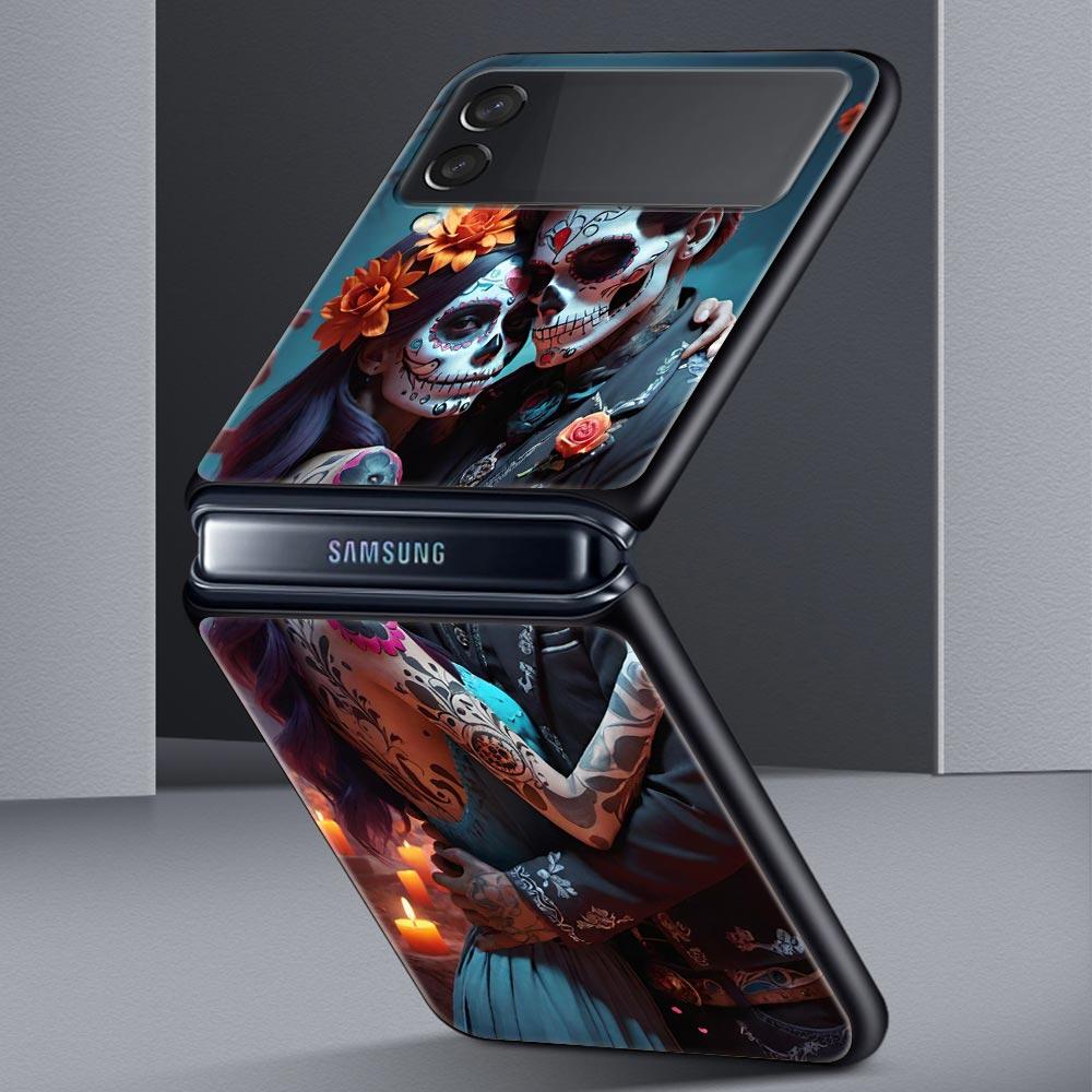 Hard PC Phone Case For Samsung Galaxy Z Flip 7 6 5 4 Black Cover For Galaxy Z Flip 3 Foldable Shockproof Skeleton Love Skull Bag