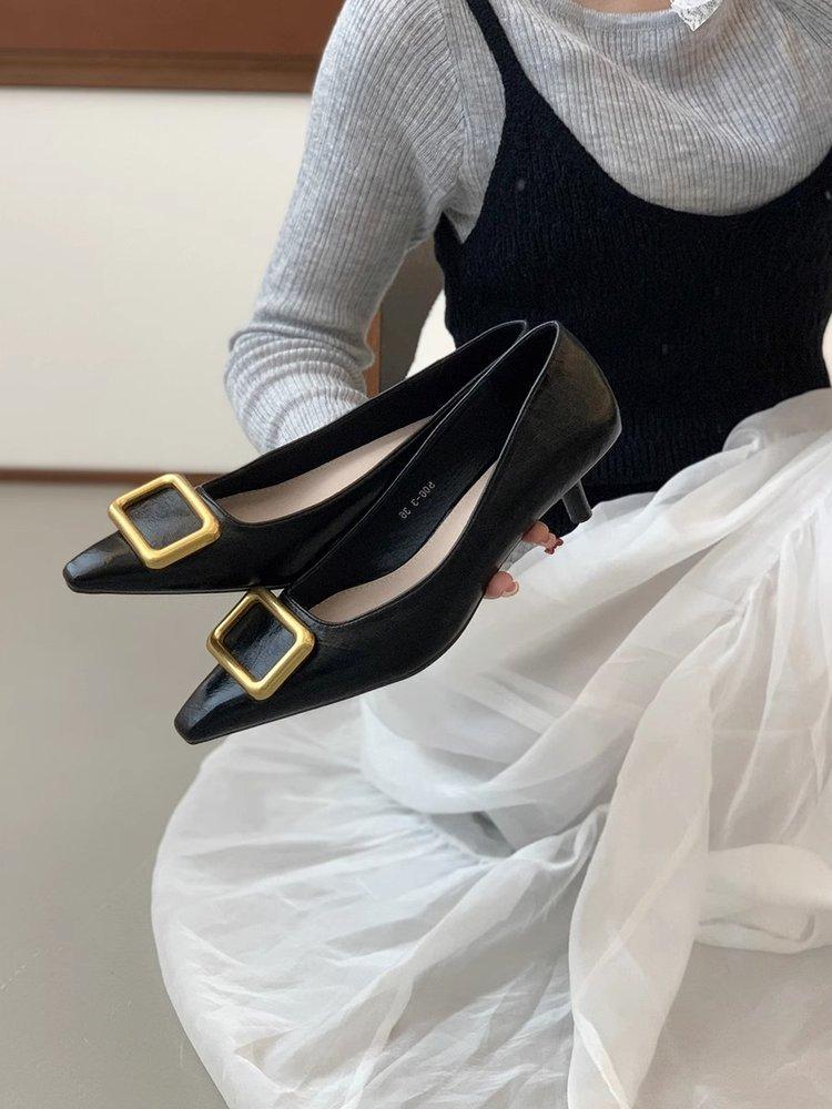 Korean Version of Pointed Thin Heel Low Heel Single Shoes Women's 2025 Spring New Pointed Metal Square Buckle Light Mouth Low Heel High Heels