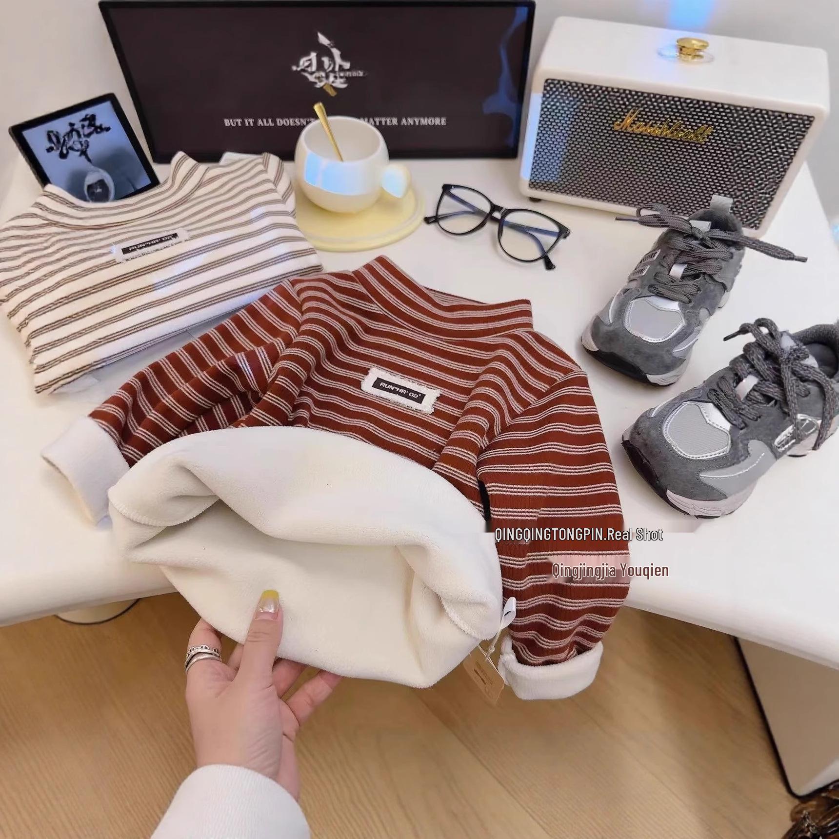 

Girls Striped Velvet Winter Base Layer Top with Color Block Patches 80 cm