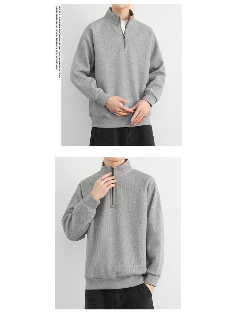 Men's Retro Fleece-Lined Half-Zip Stand Collar Jacket | Solid Color Casual Sweatshirt for Spring, Autumn, Winter