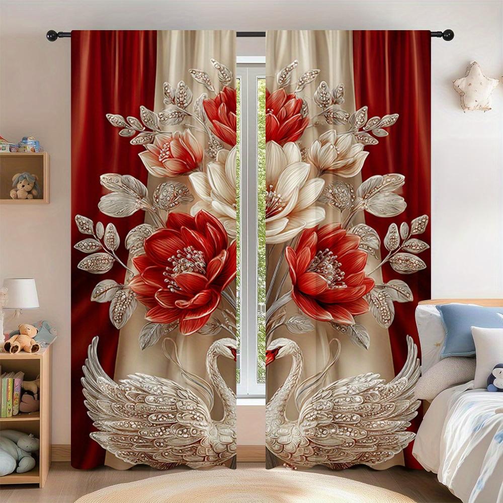 Set Of 2 Elegant Swan Floral Curtains Bedroom Office Living Room Decor Curtain For Great Made Polyester With Rod Pocket