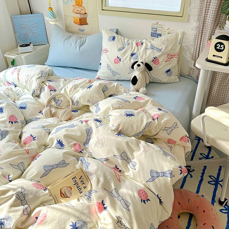 INS Cartoon Pattern Bedding Set For adults kids Fluffy pink lovely Flat Sheet With Pillowcases Colorful King Queen Full size