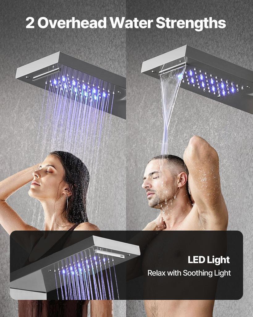 VEVOR Shower Panel Tower System with Rainfall Waterfall Shower Head, LED, 53 in Brushed Stainless Steel Shower Column, 5-Function Faucet