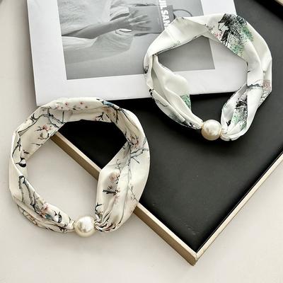 Silk Scarf Long Strip High-end Spring and Summer New Pearl Necklace Versatile Neck Protection Scarf Magnetic Buckle Silk Scarf