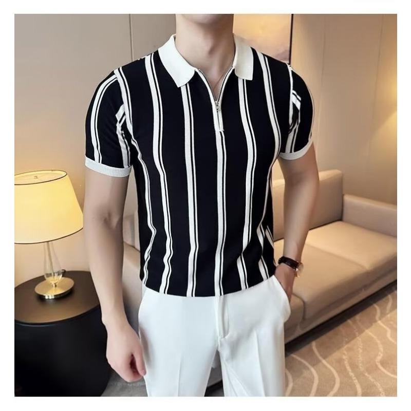 Men S Striped Short Sleeve Polo Shirt Business Casual Summer