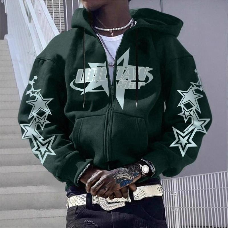 Europæisk og amerikansk hiphop serie street Y2K stjerne bogstav print print, mænds løse hættetrøje med lynlås