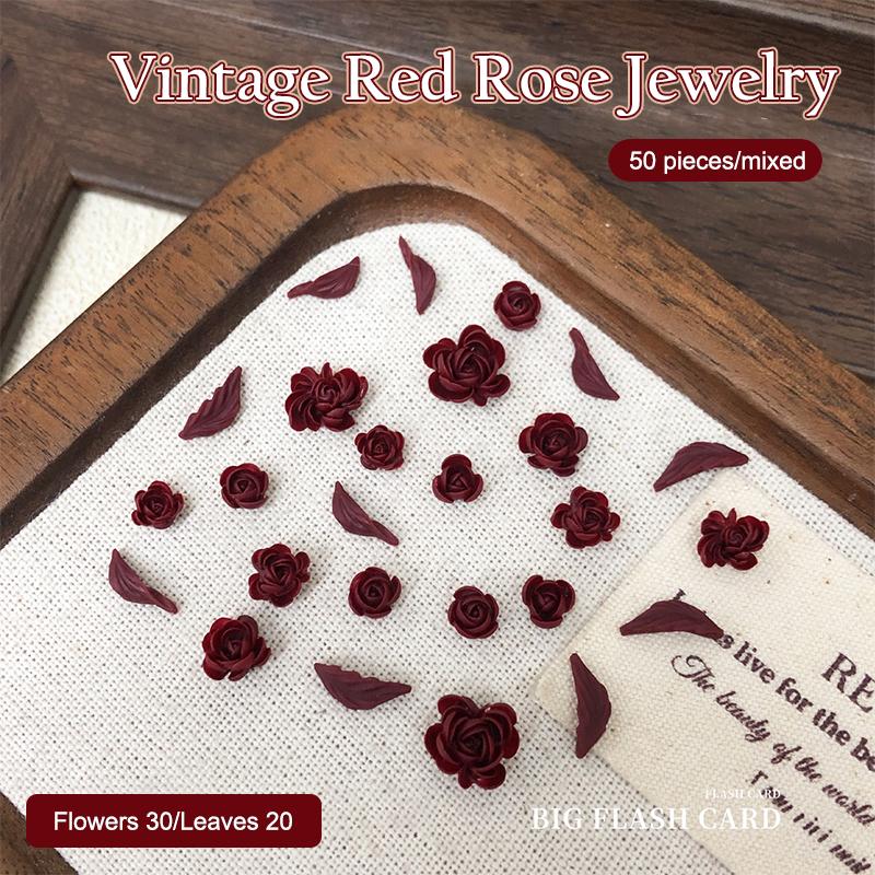 50pcs Red Rose Nail Art Charms 3d Leaves Flowers Nail Decorations Accessories For Nails Diy