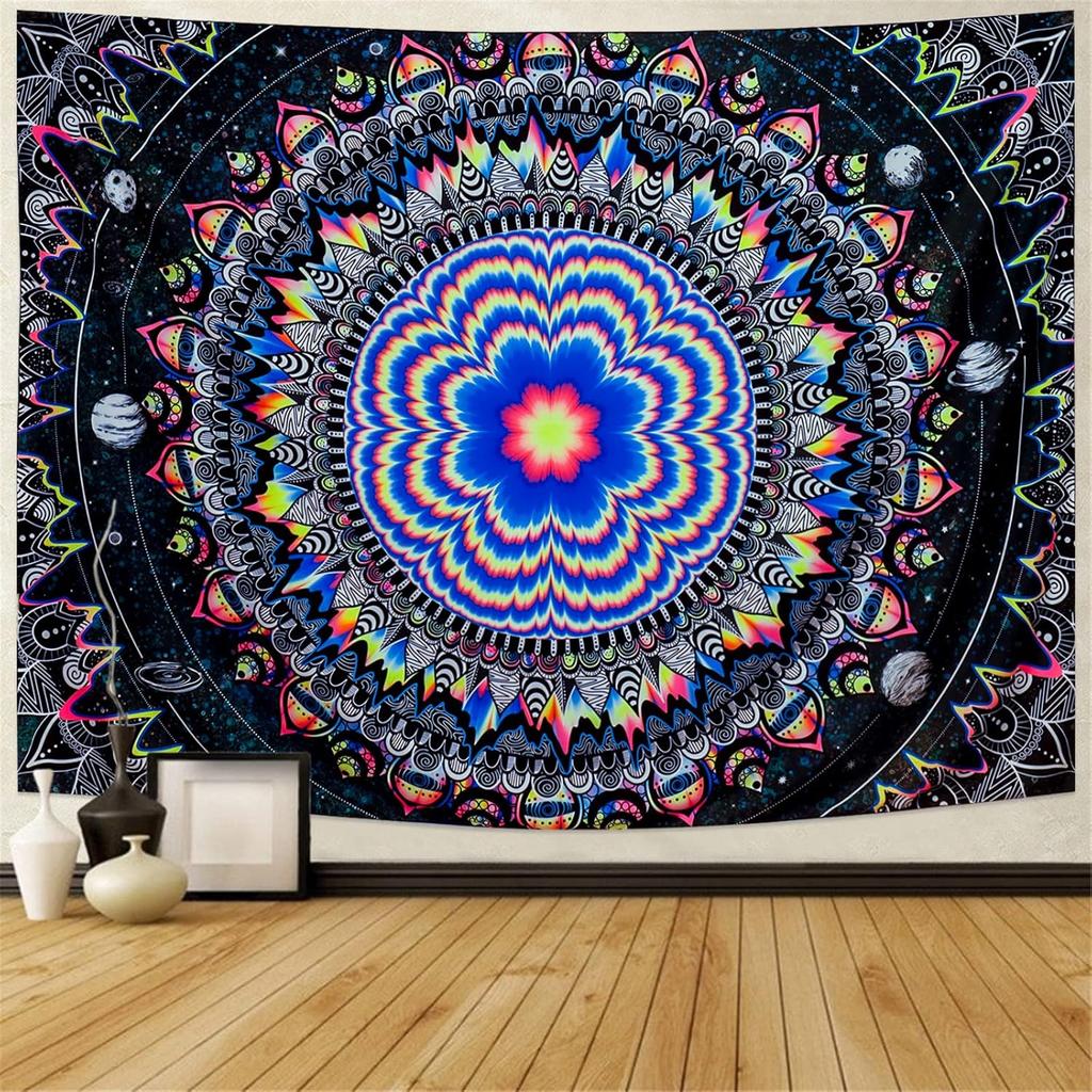 Amonercvita Blacklight Tapestry Trippy Mandala Tapestries UV Reactive Galaxy Stars Tapestry Psychedelic Neon Tapestries Wall Hanging Hippie Black