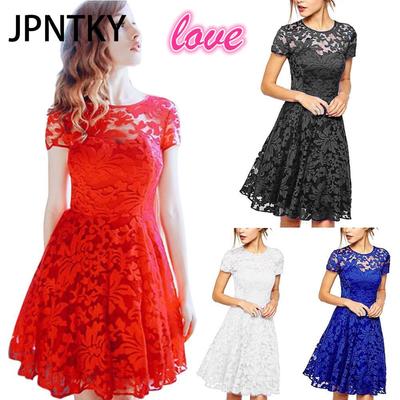 JPNTKY שמלה מקסימה עשויה תחרה עדינה עם מחשוף עגול ושרוולים קצרים