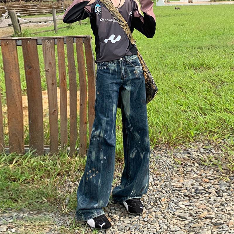 JYL Unisex Straight Jeans American Graffiti Print Vintage Loose Casual Denim L спаржевый